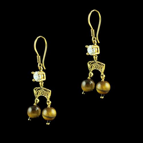 GOLD PLATED HANGING EARRINGS WITH CZ AND TIGER EYE BEADS