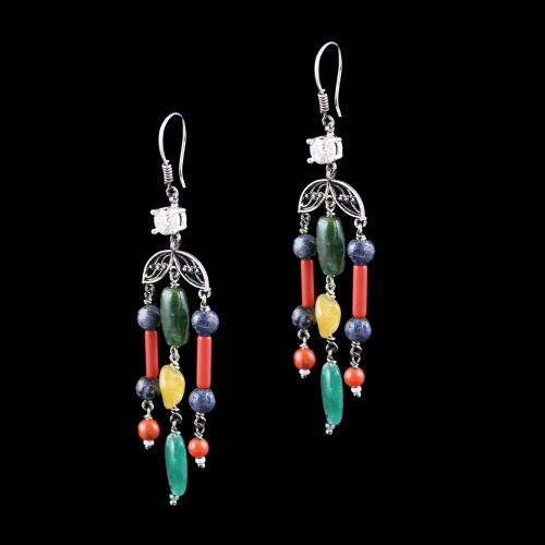 OXIDIZED SILVER HANGING EARRINGS WITH MULTI COLOR STONES