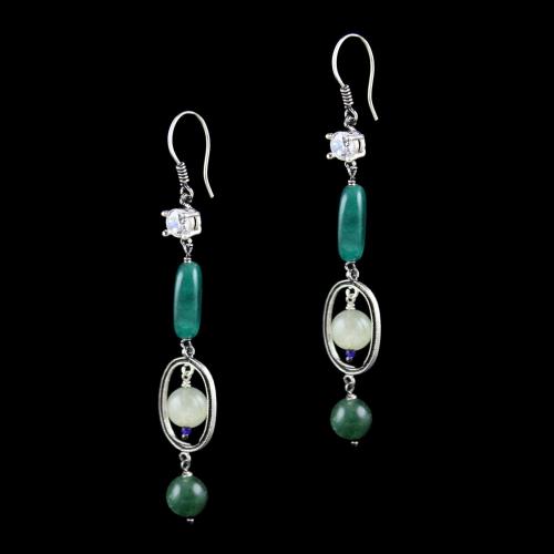 OXIDIZED SILVER HANGING EARRINGS WITH CZ AND MALACHITE BEADS