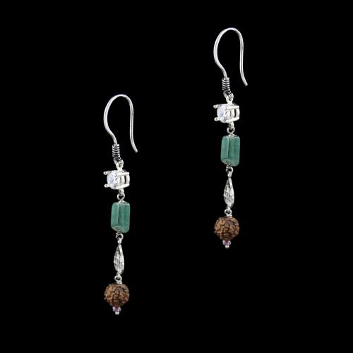 OXIDIZED SILVER HANGING EARRINGS WITH RUDRAKSHA AND MALACHITE BEADS