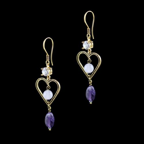 GOLD PLATED HANGING EARRINGS WITH CZ AND QUARTZ BEADS