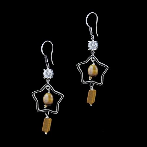 OXIDIZED SILVER HANGING EARRINGS WITH TIGER EYE AND CZ STONES