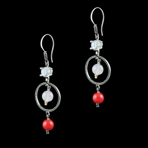 OXIDIZED SILVER HANGING EARRINGS WITH CZ AND CORAL BEADS