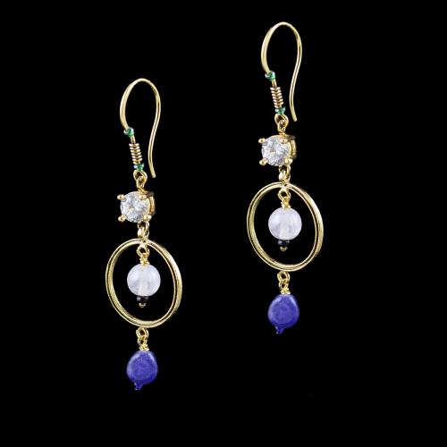 GOLD PLATED HANGING EARRINGS WITH CZ AND QUARTZ BEADS