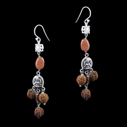 OXIDIZED SILVER HANGING EARRINGS WITH CZ AND RUDRAKSHA BEADS