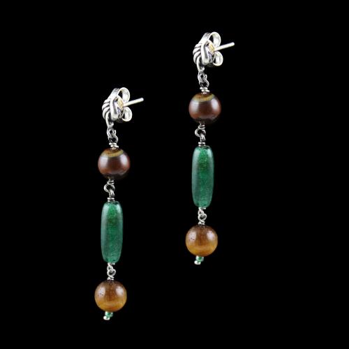 OXIDIZED SILVER EARRINGS WITH TIGER EYE AND MALACHITE BEADS