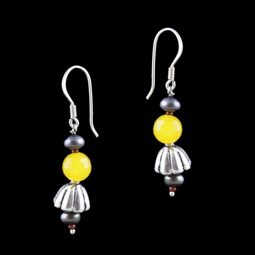 OXIDIZED SILVER HANGING EARRINGS WITH YELLOW QUARTZ AND BLACK PEARLS
