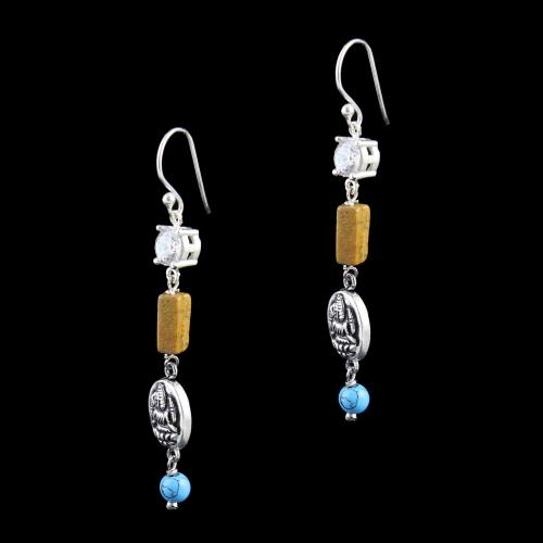 OXIDIZED SILVER HANGING EARRINGS WITH CZ AND TURQUOISE BEADS
