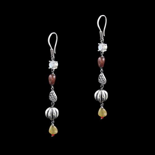 OXIDIZED SILVER HANGING EARRINGS WITH CZ AND GARNET BEADS