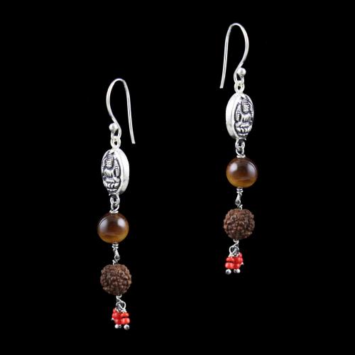 OXIDIZED SILVER HANGING EARRINGS WITH TIGER EYE AND RUDRAKSHA BEADS