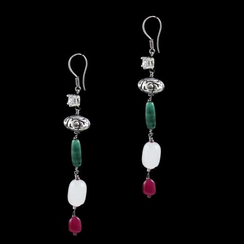 OXIDIZED SILVER HANGING EARRINGS WITH CZ AND JADE QUARTZ BEADS