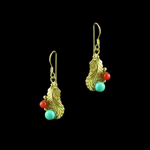GOLD PLATED TURQUOISE AND CORAL HANGING EARRINGS