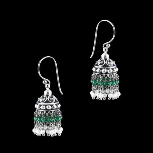 OXIDIZED SILVER JHUMKA WITH GREEN HYDRO AND PEARLS