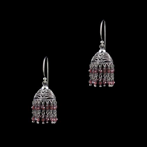 OXIDIZED SILVER HANGING JHUMKA EARRING WITH GARNET
