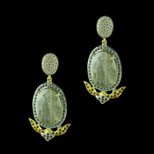 GOLD PLATED CURVED FLORAL  AGATE AND CZ EARRINGS