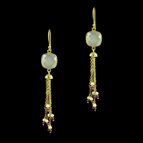 GOLD PLATED ONYX WITH RUBY AND PEARL EARRINGS