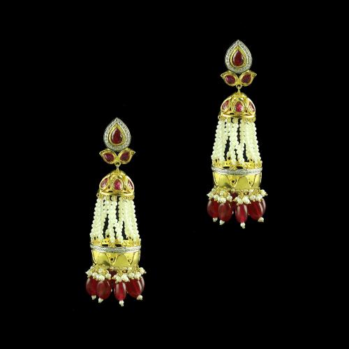 GOLD PLATED RED ONYX AND RUBY WITH PEARL JHUMKAS EARRINGS