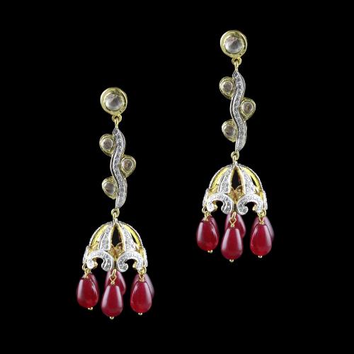 GOLD PLATED POLKI STONE JHUMKAS  WITH CZ AND  RUBY EARRINGS