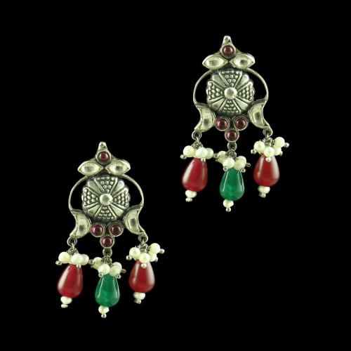 OXIDIZED SILVER KUNDAN DROPS EARRINGS WITH PEARL AND GREEN WITH RED CORUNDUM BEADS