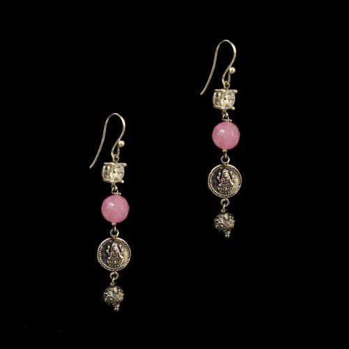 OXIDIZED SILVER LAKSHMI EARRINGS WITH CZ AND PINK QUARTZ