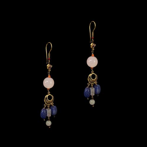 GOLD PLATED HANGING EARRINGS WITH MULTI COLORS STONES