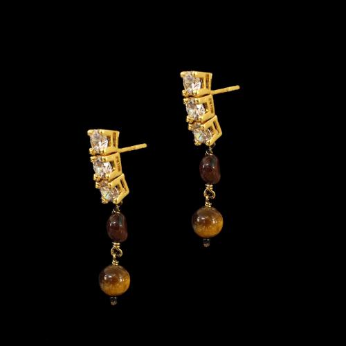 GOLD PLATED HANGING EARRINGS WITH CZ AND TIGER EYES STONES