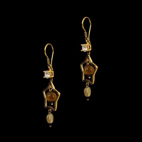 GOLD PLATED TIGER EYE AND CZ HANGING EARRINGS