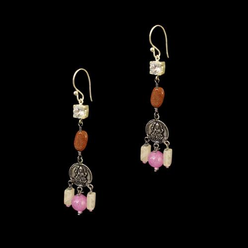 OXIDIZED SILVER LAKSHMI EARRINGS WITH QUARTZ AND CZ WITH SUN STONES