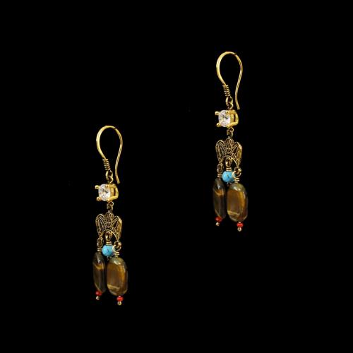 GOLD PLATED HANGING EARRINGS WITH TIGER EYE AND TURQUOISE