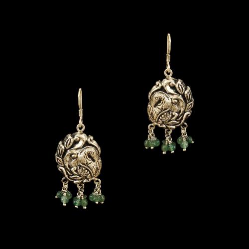 OXIDIZED SILVER PEACOCK EARRINGS WITH GREEN JADE BEADS