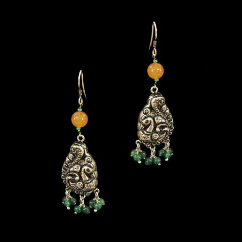 OXIDIZED SILVER PEACOCK  EARRINGS WITH QUARTZ AND JADE BEADS