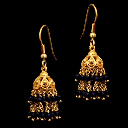 GOLD PLATED  BLUE BEADS HANGING JHUMKAS