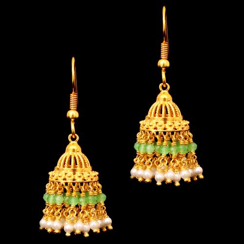 GOLD PLATED  GREEN BEADS AND PEARLS HANGING JHUMKAS