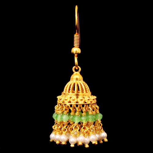 GOLD PLATED  GREEN BEADS AND PEARLS HANGING JHUMKAS