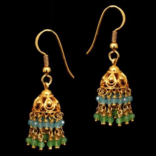 GOLD PLATED  GREEN AND BLUE BEADS  HANGING JHUMKAS