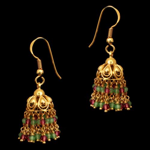 GOLD PLATED GREEN AND RED BEADS HANGING EARRINGS