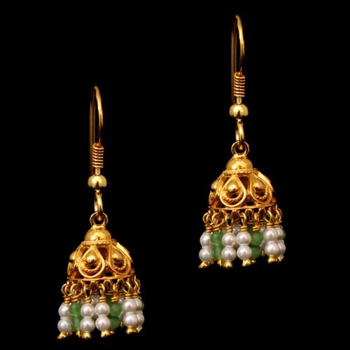 GOLD PLATED GREEN BEADS AND PEARL HANGING EARRINGS