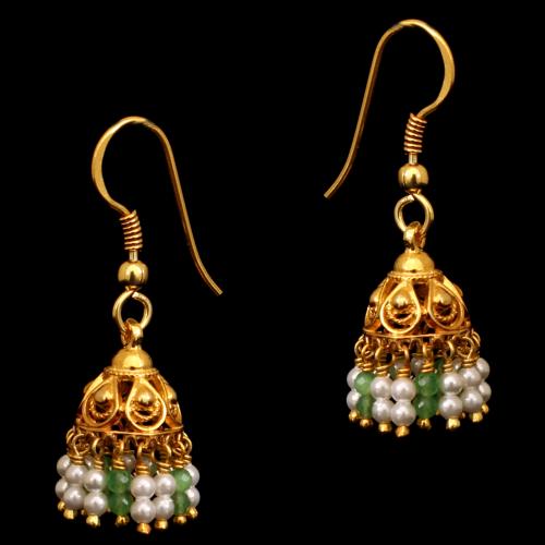 GOLD PLATED GREEN BEADS AND PEARL HANGING EARRINGS