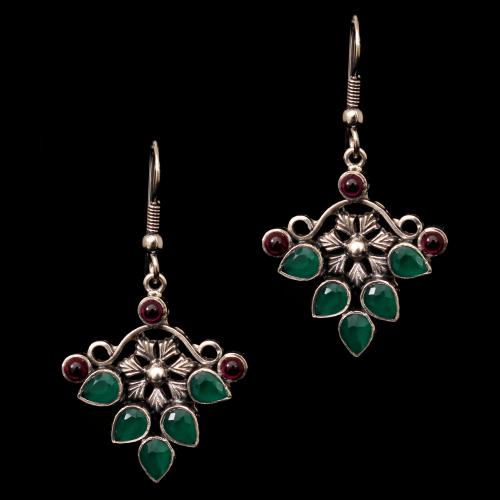 OXIDIZED SILVER RED OYNX AND GREEN HYDRO HANGING EARRINGS