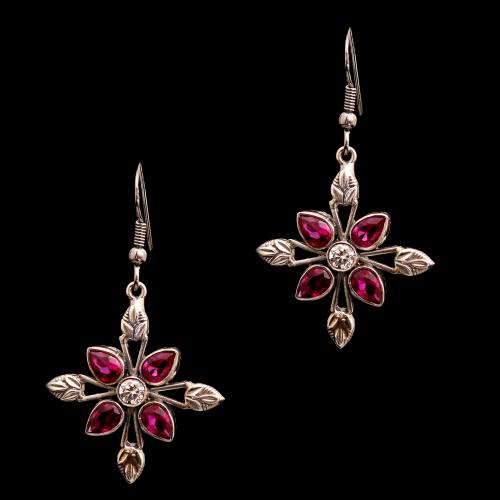 OXIDIZED SILVER CZ WITH RUBY HANGING EARRINGS