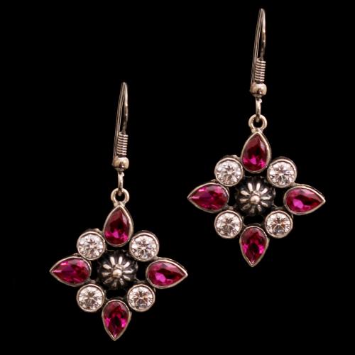 OXIDIZED SILVER CZ AND RUBY HANGING EARRINGS