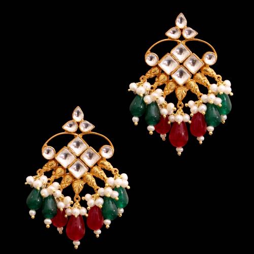 GOLD PLATED RUBY WITH KUNDAN STONE RED AND GREEN HYDRO WITH PEARL DROPS EARRINGS