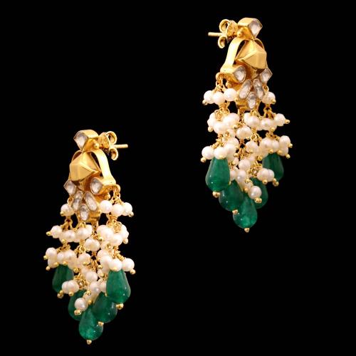 GOLD PLATED RUBY AND KUNDAN STONE  WITH PEARL DROPS EARRINGS
