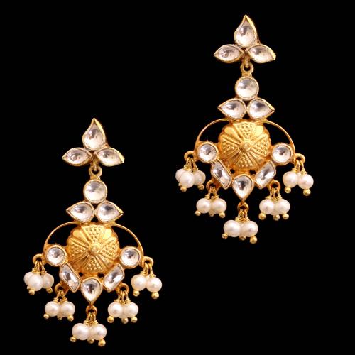GOLD PLATED KUNDAN STONE WITH PEARL DROPS EARRINGS