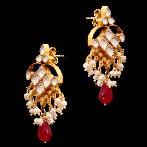 GOLD PLATED RUBY WITH KUNDAN STONE AND PEARL DROPS EARRINGS