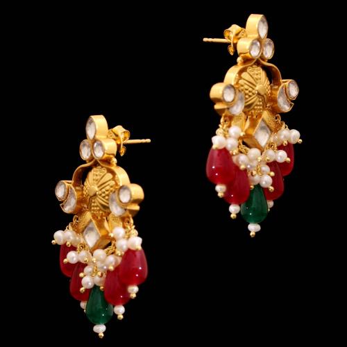 GOLD PLATED RUBY WITH KUNDAN STONE WITH PEARL DROPS EARRINGS