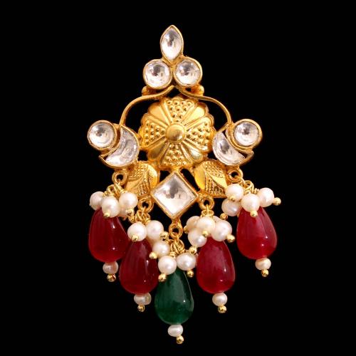 GOLD PLATED RUBY WITH KUNDAN STONE WITH PEARL DROPS EARRINGS
