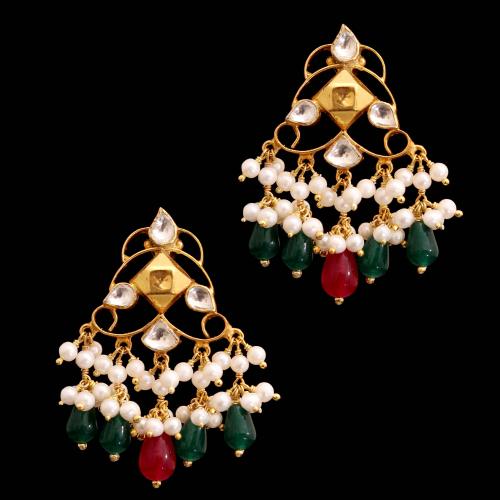 GOLD PLATED RUBY AND KUNDAN STONE WITH PEARL DROPS EARRINGS