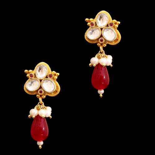 GOLD PLATED RUBY AND KUNDAN WITH PEARL DROPS EARRINGS