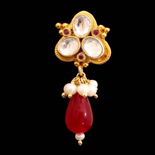 GOLD PLATED RUBY AND KUNDAN WITH PEARL DROPS EARRINGS